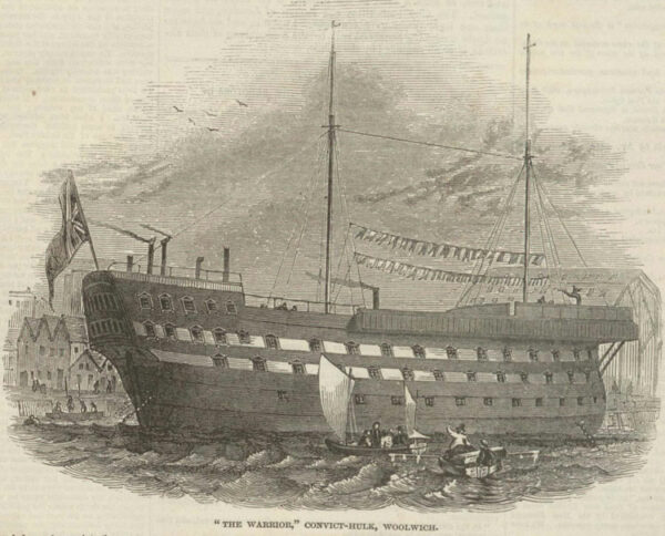 Illustration of a British prison ship. “The Warrior,” convict hulk, Woolwich.