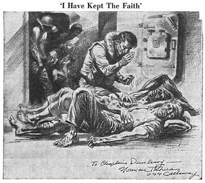 Drawing of chaplain Thomas Dunleavy administering last rites to two dying Callaway crewmembers. Printed above the image are the words 