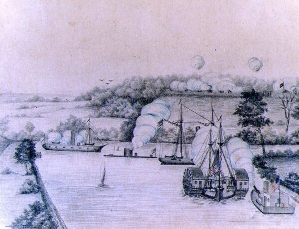 Colored pencil sketch depicting the Union ships Galena, Monitor, Aroostook, Port Royal and Naugatuck (listed as shown, left to right) bombarding Fort Darling at Drewry’s Bluff.
