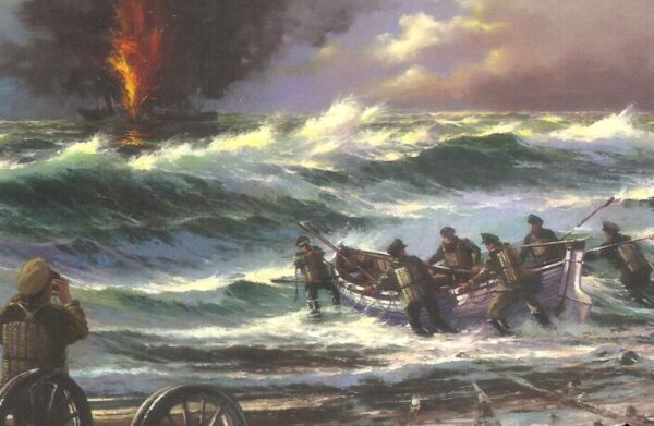 This painting by Austin Dwyer shows John Midgett’s heroic rescue of the Mirlo’s crew from the burning waters surrounding the ship.