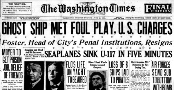 Cover of the Washington Times bearing the headline “Ghost ship met foul play, U. S. Charges”