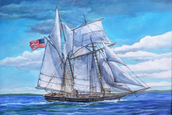 Painting of U.S. Revenue Cutter replica Alice Craig by Robert R. Holton.