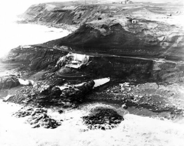 Aerial photo of the remains of Scotch Cap Lighthouse taken after the 1946 tsunami.