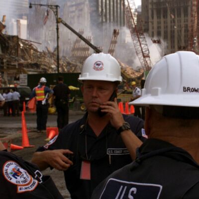 Photo: U.S. Coast Guard members meeting at Ground Zero.