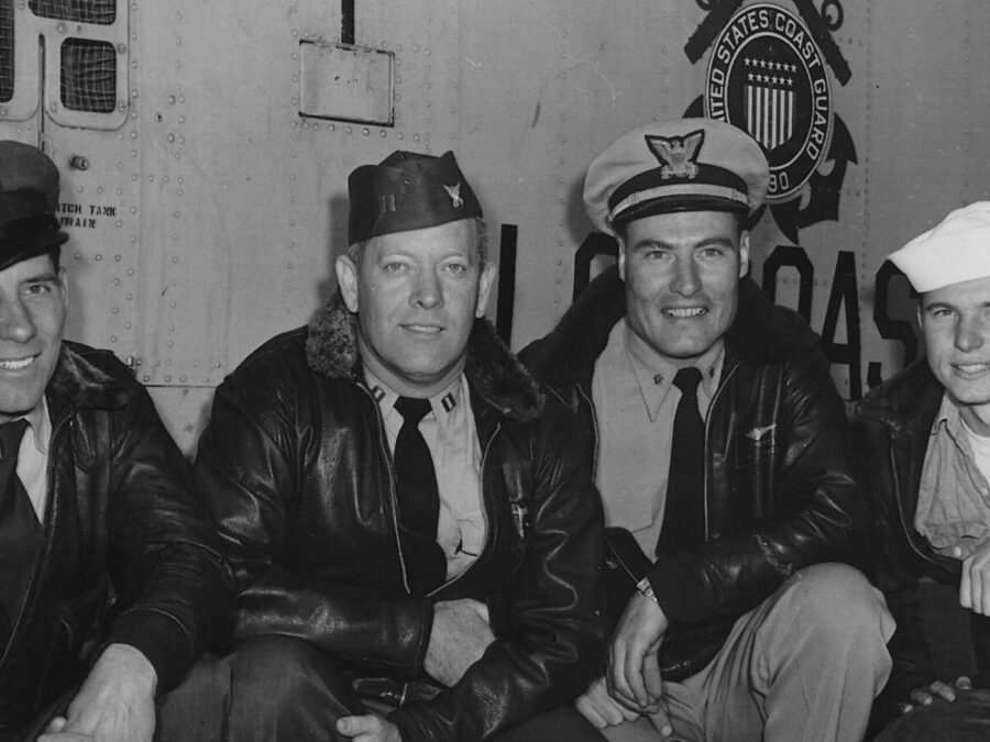 Photo: From left to right: Chief Aviation Machinist Mate (ADC) Joseph Accamo, LT Henry Pfeiffer, LCDR George Thometz, and Aviation Machinist Mate Second Class (AD2) Victor Rouland.