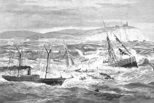 Engraving: Dexter and City of Columbus in rough waters.