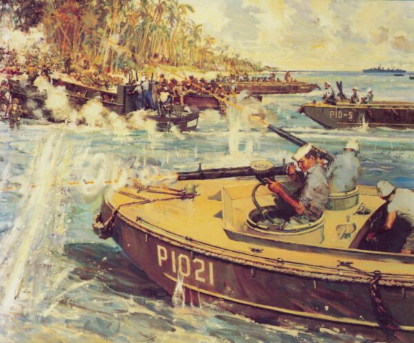 Painting depicting landing craft at Guadalcanal returning fire.