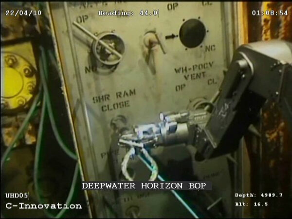 Photo: Viewpoint from a remotely operated vehicle as it attempts to operate the blowout preventer deep underwater.