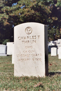 Photo: Headstone with the engraving: Charles T Thrun, Ohio, CH Gun, U.S. Coast Guard, January 19, 1935