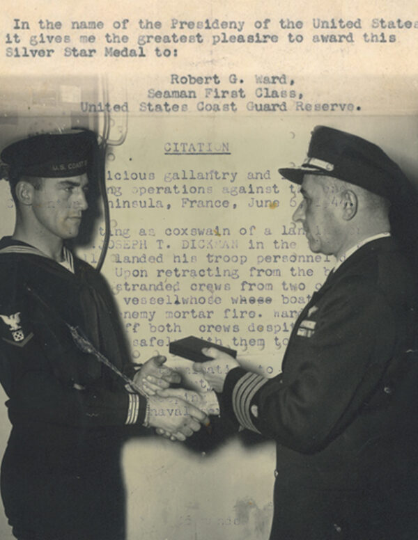 Photo: Robert Ward receiving the Silver Star Medal with the official medal citation superimposed in the background.