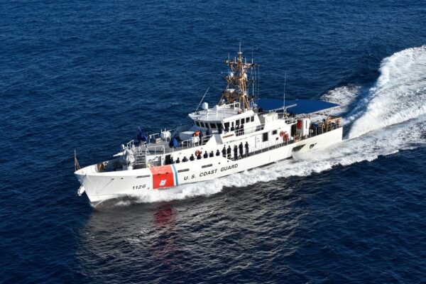 Aerial color photograph of the Fast Response Cutter Joseph Gerczak underway during a patrol.