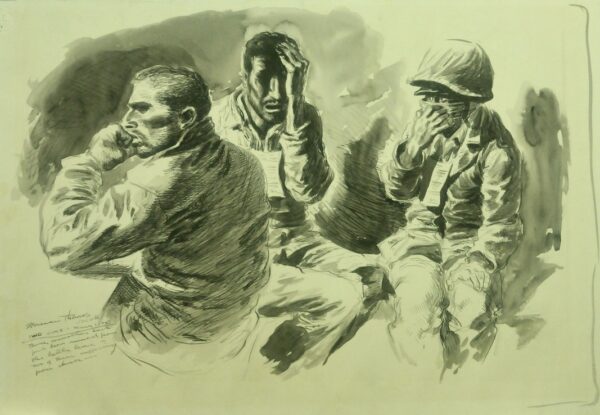Drawing: Three men holding their hand to their faces.