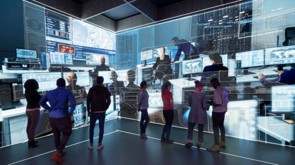 Concept art rending of National Coast Guard STEM Center, command center mission experience. Image shows museum visitors are involved the simulation.