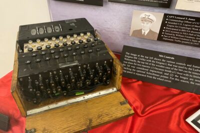 Color Photograph of a four-rotor German Naval Enigma (M4) machine on display at Coast Guard Headquarters in Washington, DC.