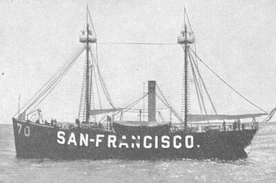 Vintage black and white image of Lightship 70.