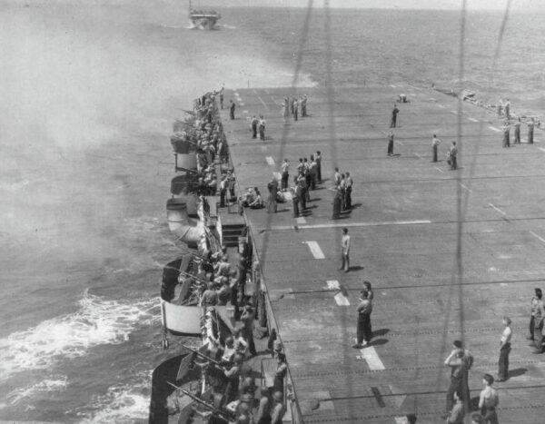 Photo: View of a gunnery drill aboard the U.S. Navy escort carrier USS Lunga Point (CVE-94), circa in 1944.