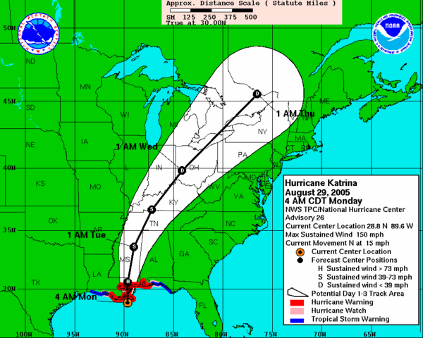 Map: Hurricane Katrina - August 29, 2005 4AM EDT, Monday. NWS TPC/National Hurricane Center Advisory 26. Current Center Location 28.8 N 89.6 W. Max Sustained Wind 150 MPH. Current Movement N at 15 MPH. -- Legend: Red circle with black dot in center: Current Center Location; Big black dot=Forecast Center Positions; Black dot with D in center= Sustained wind less than 39 MPH; White cone with large round end= Potential Day 1-3 Track Area; Thick red stripe=Hurricane Warning; Thick pink stripe=Hurricane Watch; Thick blue stripe=Tropical Storm Warning.