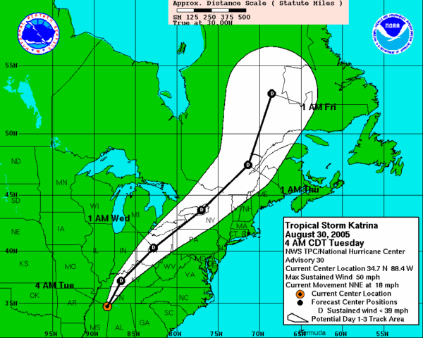 Map: Hurricane Katrina - August 30, 2005 4AM EDT, Tuesday. NWS TPC/National Hurricane Center Advisory 30. Current Center Location 34.7 N 88.4 W. Max Sustained Wind 50 MPH. Current Movement NNE at 18 MPH. -- Legend: Red circle with black dot in center: Current Center Location; Big black dot=Forecast Center Positions; Black dot with D in center= Sustained wind less than 39 MPH; White cone with large round end= Potential Day 1-3 Track Area.