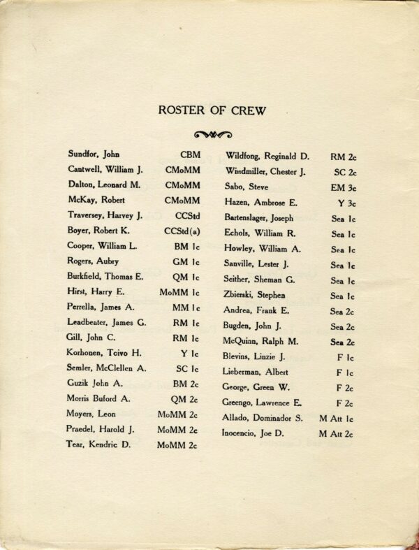 Crew Roster for the Daphne, 1940.