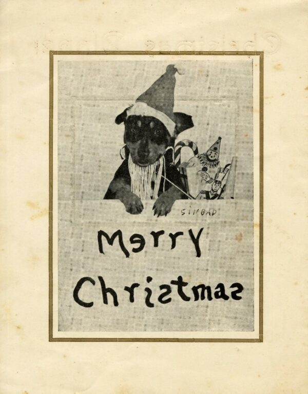 Back cover of the Christmas menu with a photo of a dog dressed as Santa with the text 