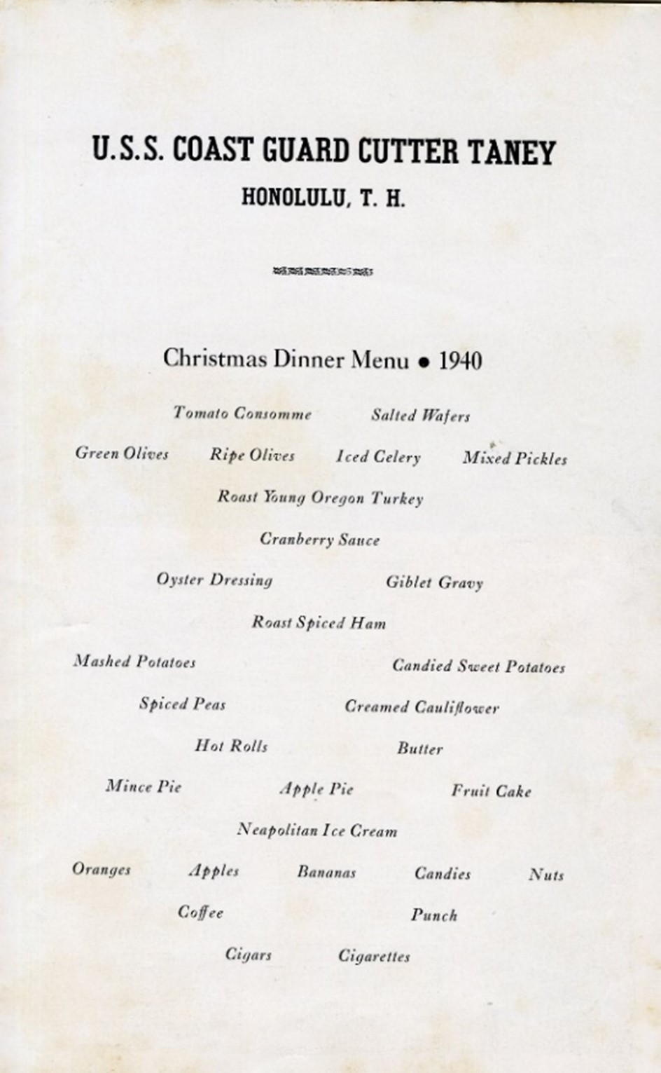 Coast Guard Cutter Taney (WPG-37) Christmas menu (1940)