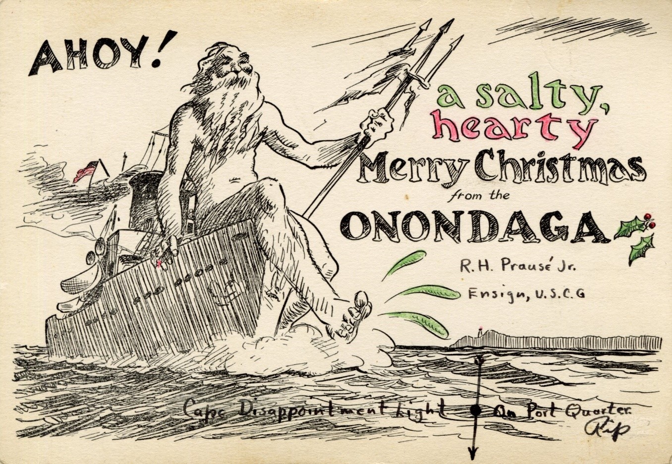 Artwork on front of a Christmas card sent by Ensign Robert Prause, who served on board Cutter Onondaga. Artwork on front of a Christmas card sent by Ensign Robert Prause, who served on board Cutter Onondaga.