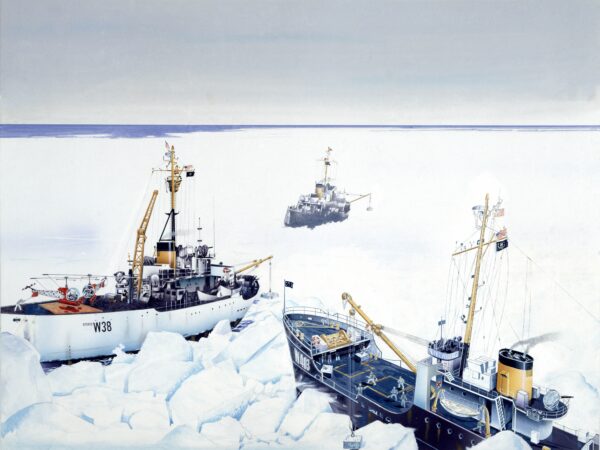 Painting of three ships trapped in ice.