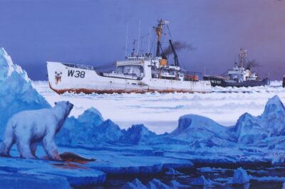 A Painting showing ships breaking through ice from the viewpoint of a nearby polar bear.