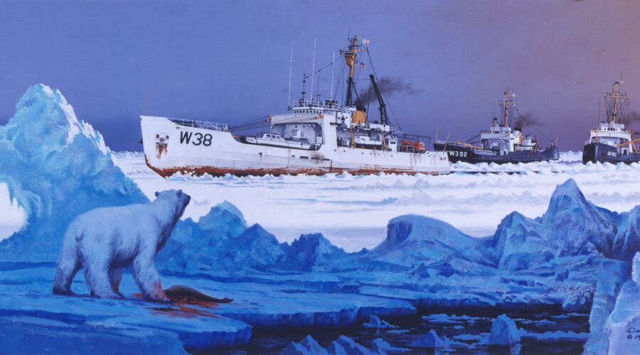 A Painting showing ships breaking through ice from the viewpoint of a nearby polar bear.