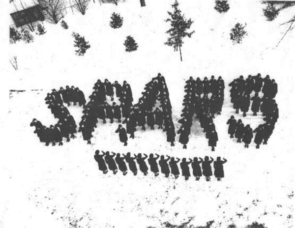 Photo: Aerial view of SPARS in formation spelling out “SPARS” underlined.