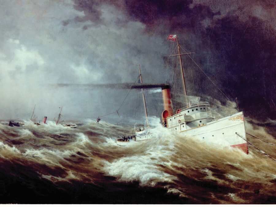 Painting of the Revenue Cutter Snohomish rescuing the lumber steamer Nika in rough, stormy waters.