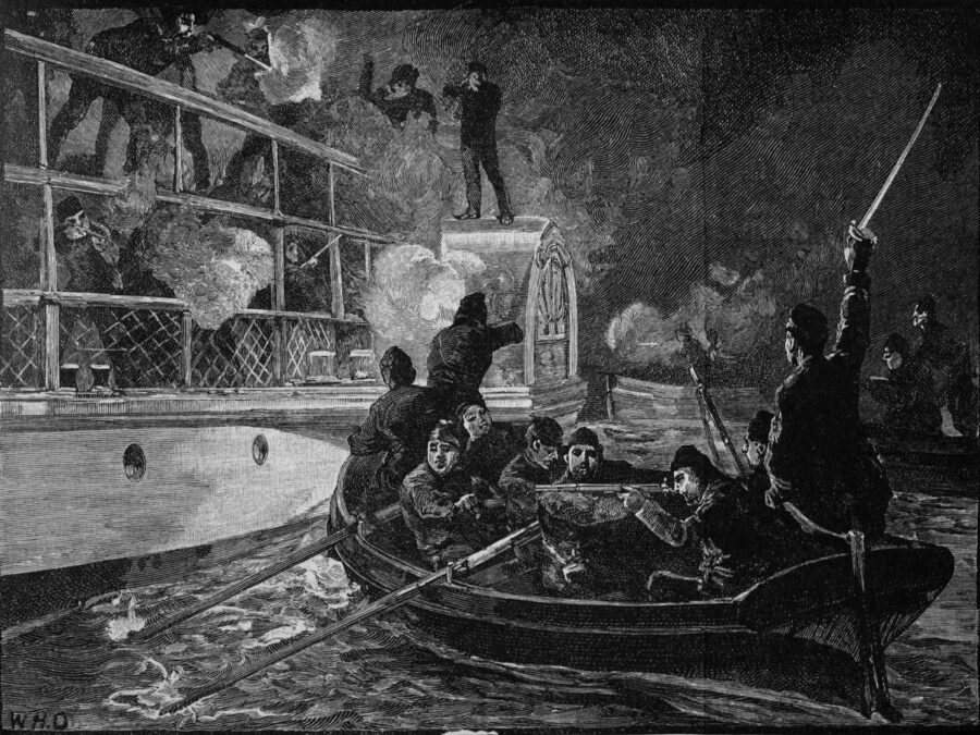 Engraved illustration depicting the hostile boarding of a ship.