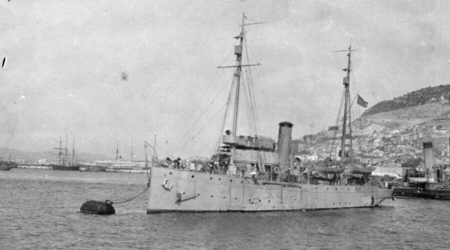Photo of the U.S. Coast Guard Cutter Tampa docked in Gibraltar. Written on the photo: “U.S.S. Tampa torpedoed in Bristol Channel.”