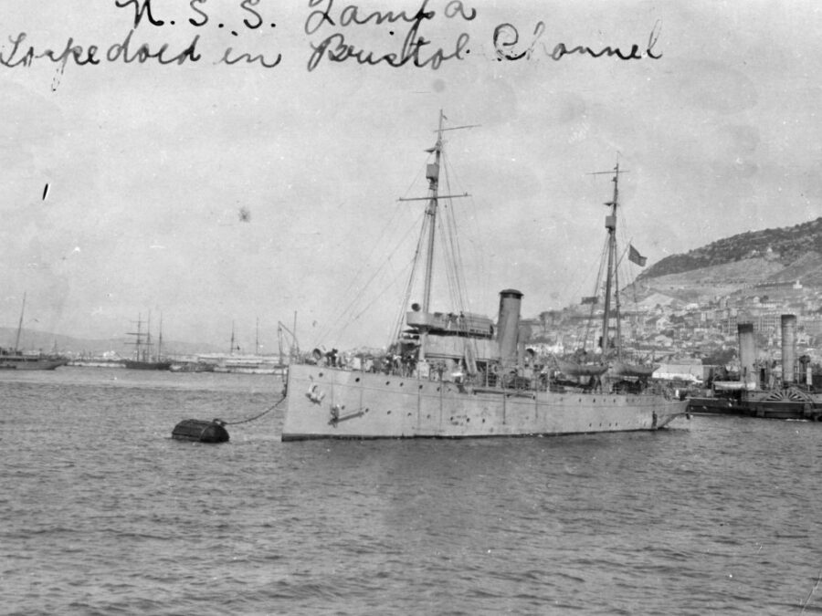 Photo of the U.S. Coast Guard Cutter Tampa docked in Gibraltar. Written on the photo: “U.S.S. Tampa torpedoed in Bristol Channel.”