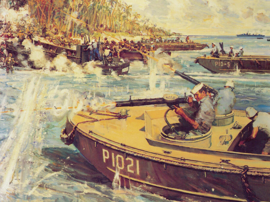 Official Coast Guard painting of Signalman Douglas Munro’s last moments while evacuating Marines at Guadalcanal. The painting’s original title was “Douglas A. Munro Covers the Withdrawal of the 7th Marines at Guadalcanal,” and was painted by artist Bernard D’Andrea