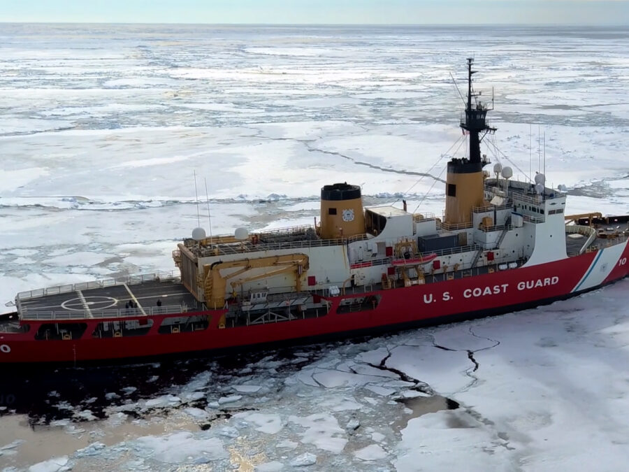 Screen capture of Coast Guard Cutter Polar Star during icebreaking operations.