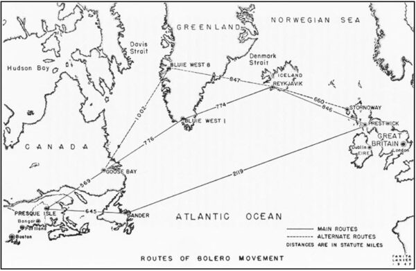 Map of the North Atlantic Ocean highlighting flight routes.
