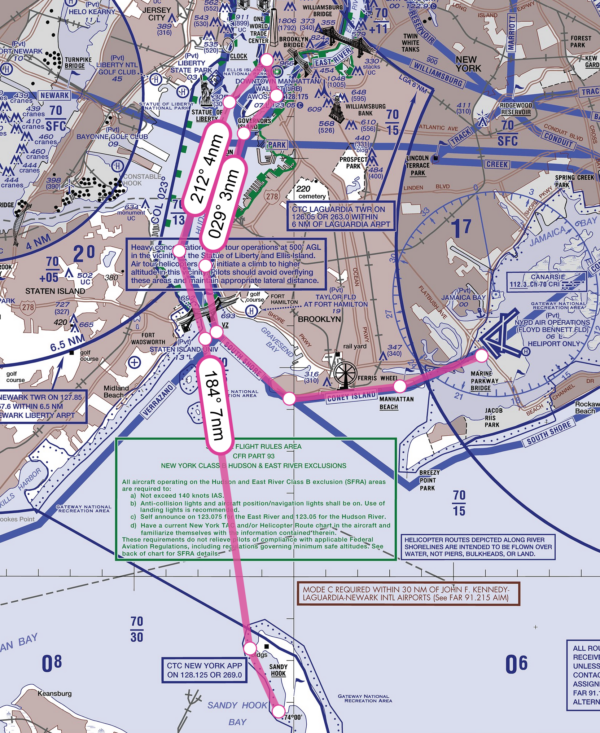 Map: The approximate 30-mile route flown by CDR Frank Erickson and AMM1 Jablonski from Air Station Brooklyn to Battery Park (Jablonski off) to Boat Station Sandy Hook, N.J.