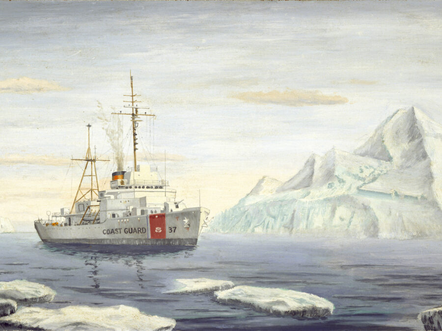 Painting: Coast Guard Cutter Taney sails among the icebergs.