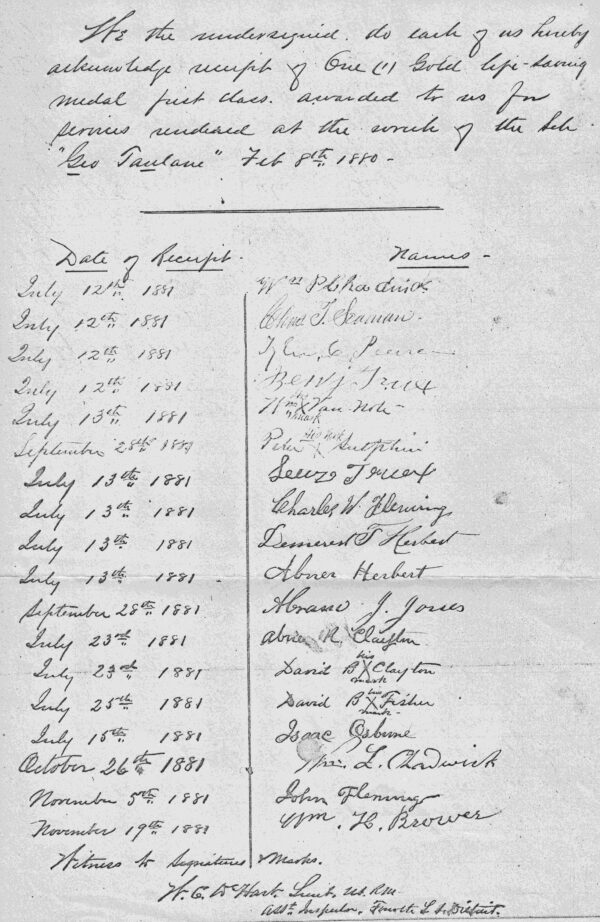 An image of a handwritten receipt starting with the text “We the undersigned do each of us hereby acknowledge receipt of one (1) gold life-saving medal first class awarded to us for services rendered at the wreck of the ‘Geo Taulan’ Feb 8th 1880-“ followed by 18 dated signatures and a witness signature.