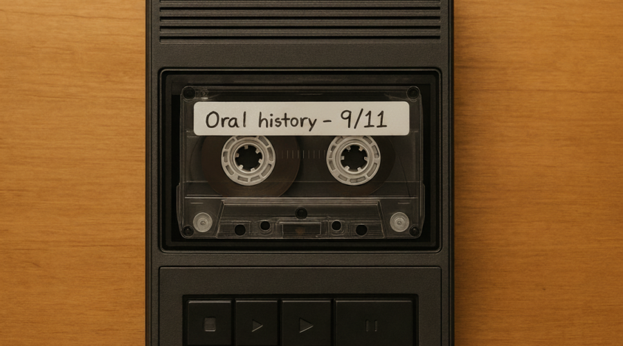 Digital illustration: Audio cassette player with the cassette labeled as