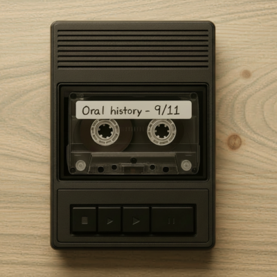 Digital illustration: Audio cassette player with the cassette labeled as 