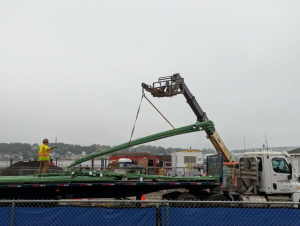 Photo: Rebar being delivered and staged for eventual install at the construction site of the National Coast Guard Museum in New London, Connecticut.