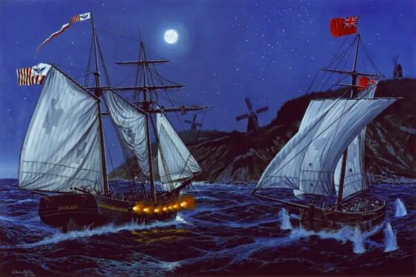 Painting: Night battle between two ships.