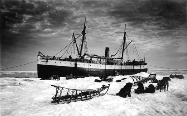 Photo: USRC Corwin unloading on sea ice. Sled and dogs in foreground.