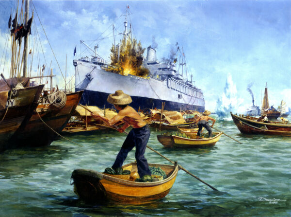 Painting by Dennis Lyall depicting the attack on CG-manned transport USS Wakefield at Singapore on December 8, 1941.