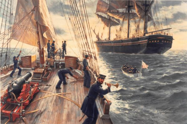 Painting of the Civil War revenue cutter Morris titled “Inspection of a Merchant Ship,” by Gil Cohen, depicts a boat howitzer ready for use on the ship’s bow