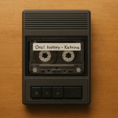 Digital illustration: Audio cassette player with the cassette labeled as