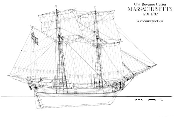 Pen and ink drawing of the starboard view of U.S. Revenue Cutter Massachusetts