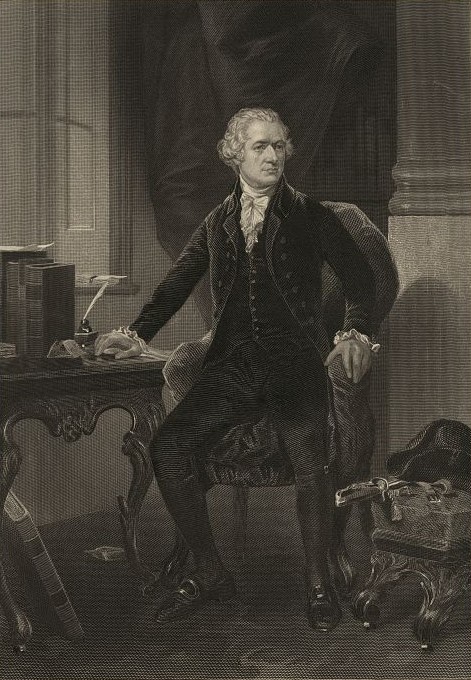 Print shows Alexander Hamilton, full-length portrait, sitting in a chair, facing right, with right hand on desk and left hand on arm of chair.